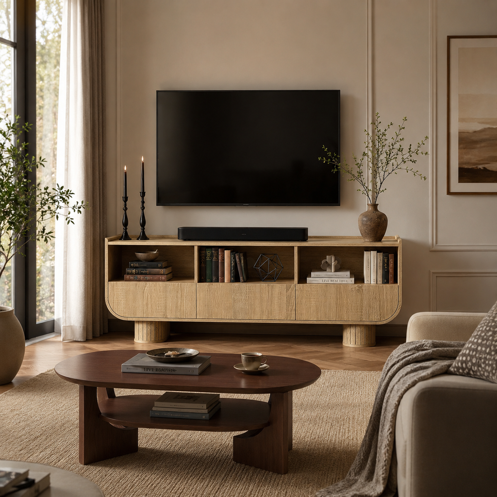 Wetalus 59" TV Stand for 65" TV, 3 Drawers, U-Shaped, Fluted Base, Oak