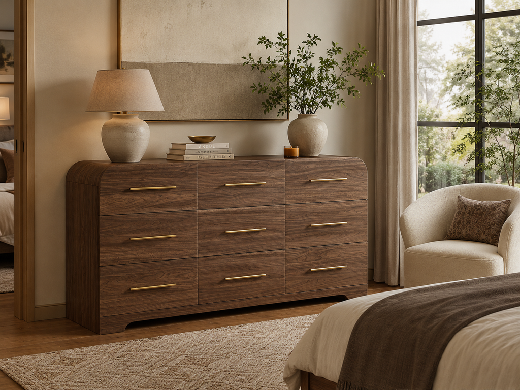 Wetalus 63" Mid Century Modern 9 Drawer Dresser, Curved side,Walnut