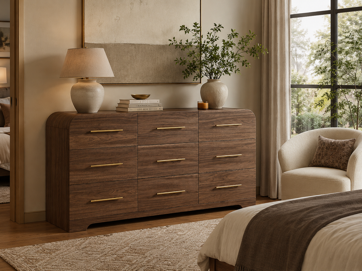 Wetalus 63" Mid Century Modern 9 Drawer Dresser, Curved side,Walnut