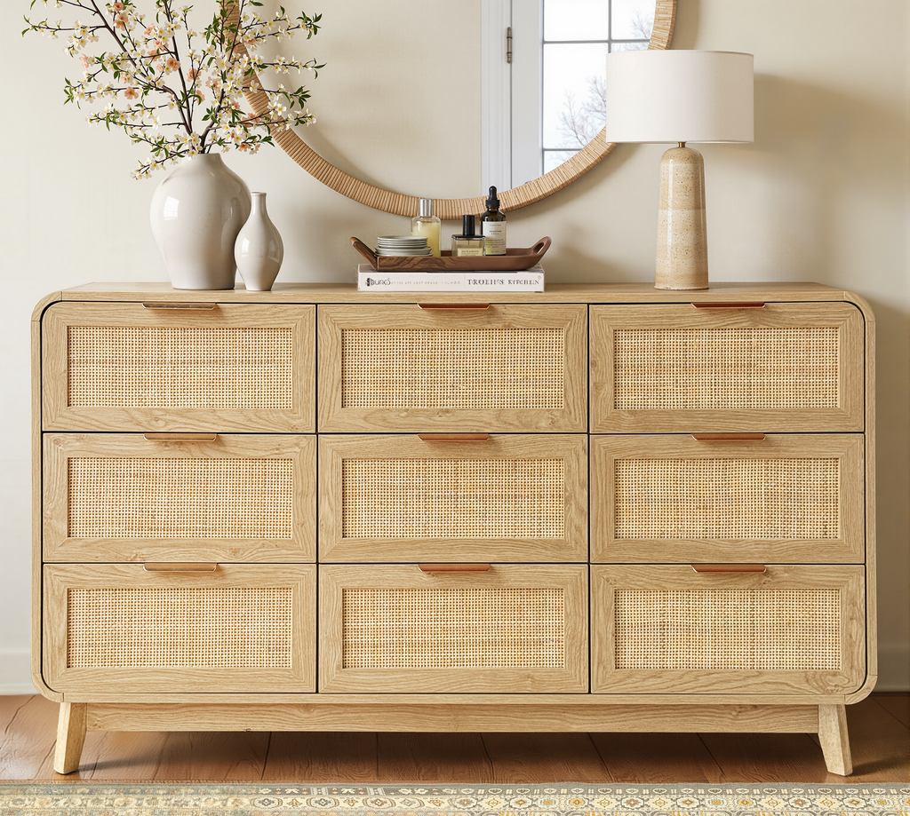 Oak Rattan 9 Drawer dresser – Boho chic dresser