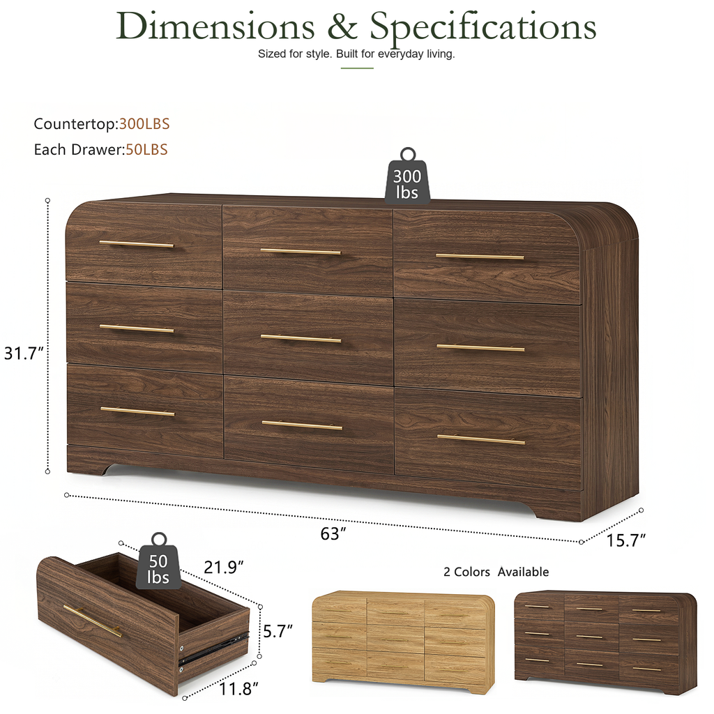 Wetalus 63" Mid Century Modern 9 Drawer Dresser, Curved side,Walnut