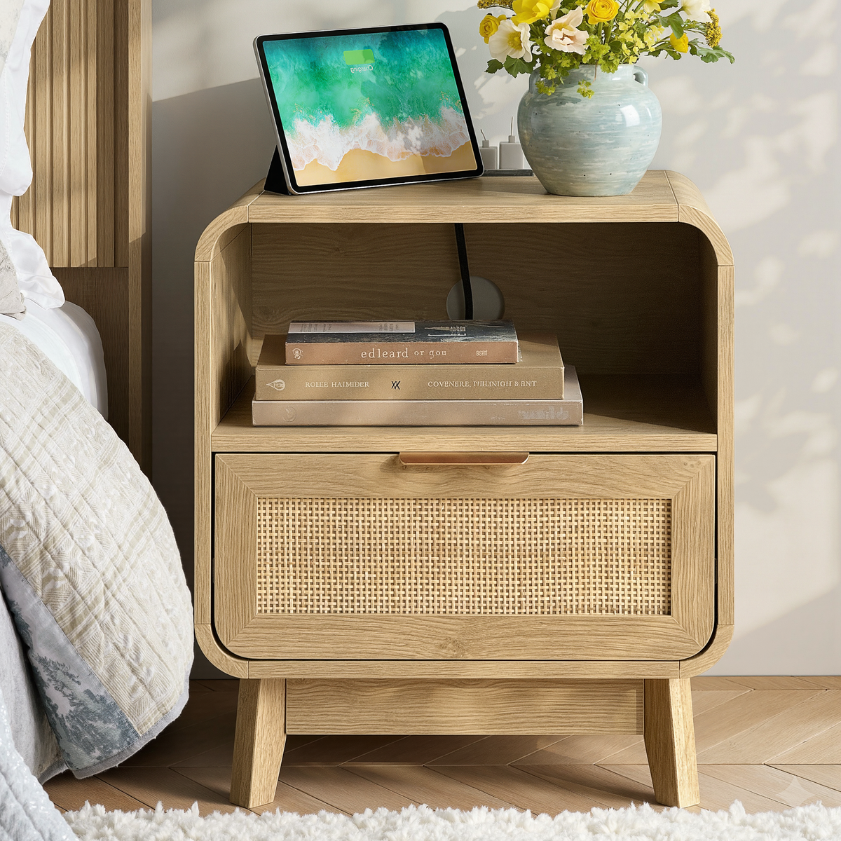 Oak Rattan Nightstands, 2-Pack – Boho Bedside Tables with Drawer