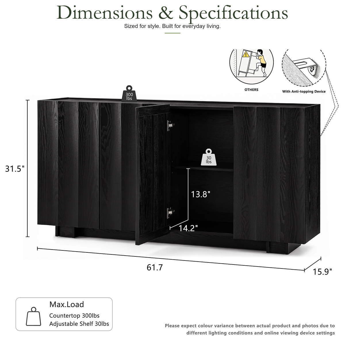 Wetalus 61.7"Mid Century Modern Sideboard Buffet Cabinet with Wave Design, Adjustable Shelves, Wood Grain Finish, Black