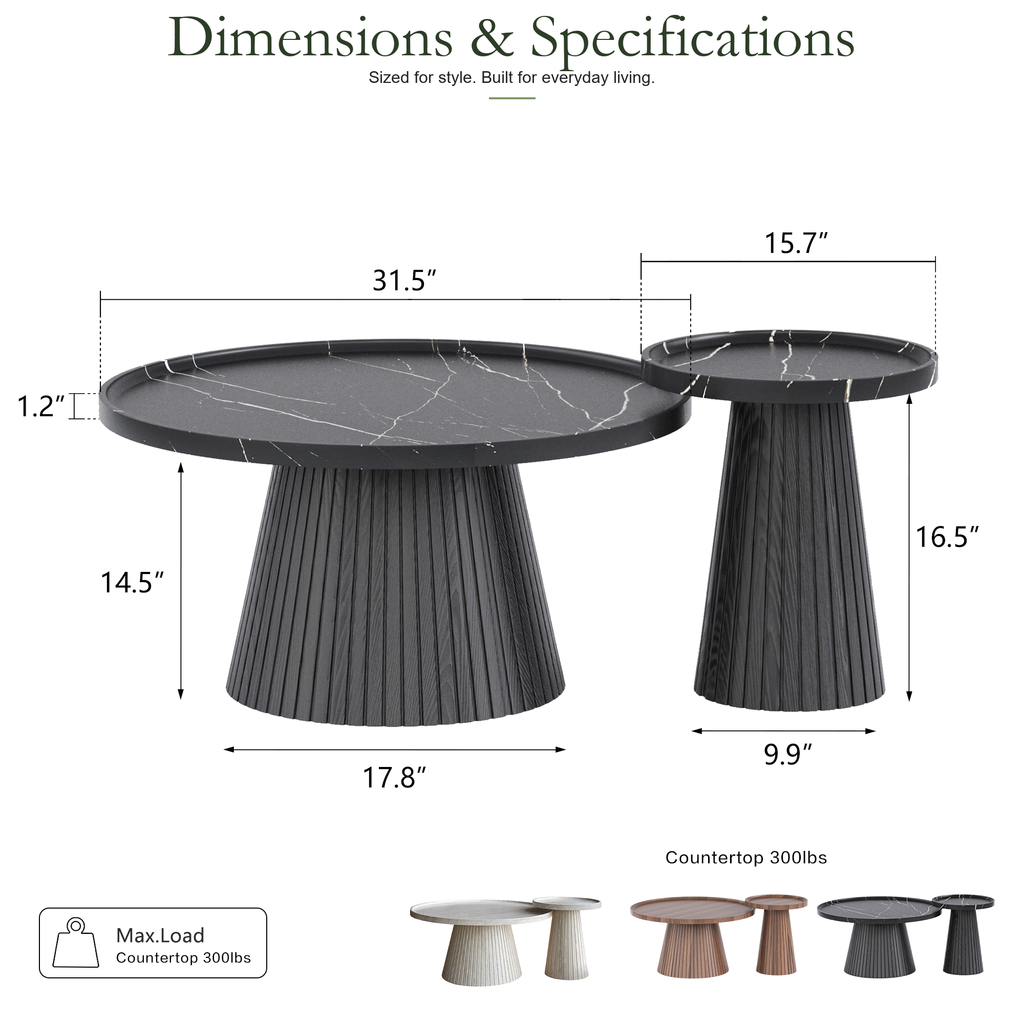 Wetalus Mid Century Modern Nesting Coffee Table Set of 2, Fluted Round,Black