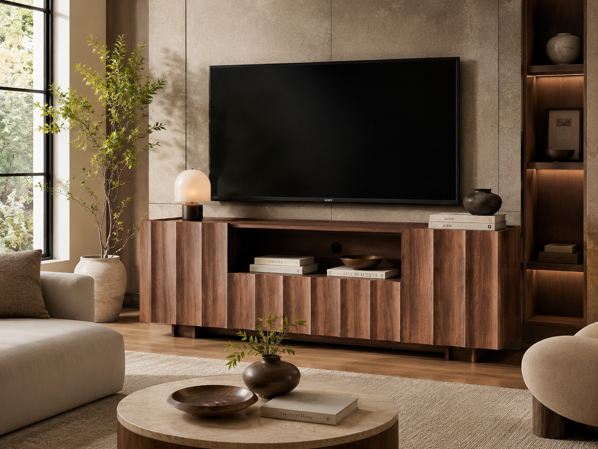 Wetalus 61" Mid Century Modern TV Stand, Adjustable Shelves, Wave Design, Walnut