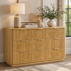 Wetalus 55.1" Mid Century Modern 9 Drawer Dresser, Recessed Design,Oak