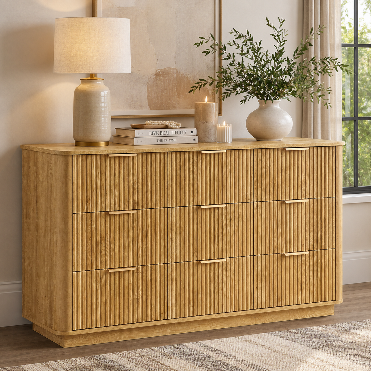 Wetalus 55.1" Mid Century Modern 9 Drawer Dresser, Recessed Design,Oak