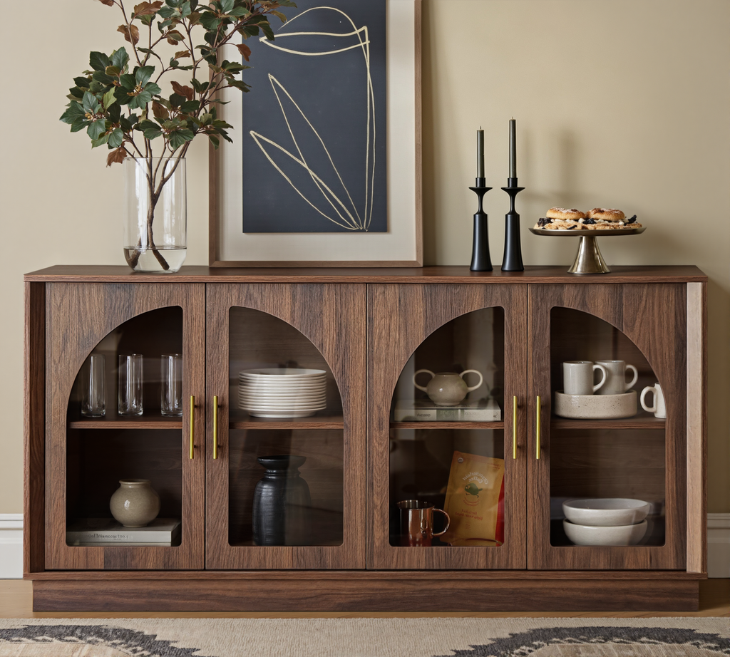 Wetalus 64.1" Sideboard Buffet Cabinet with Arched Glass Doors,1 Adjustable Divider, Walnut