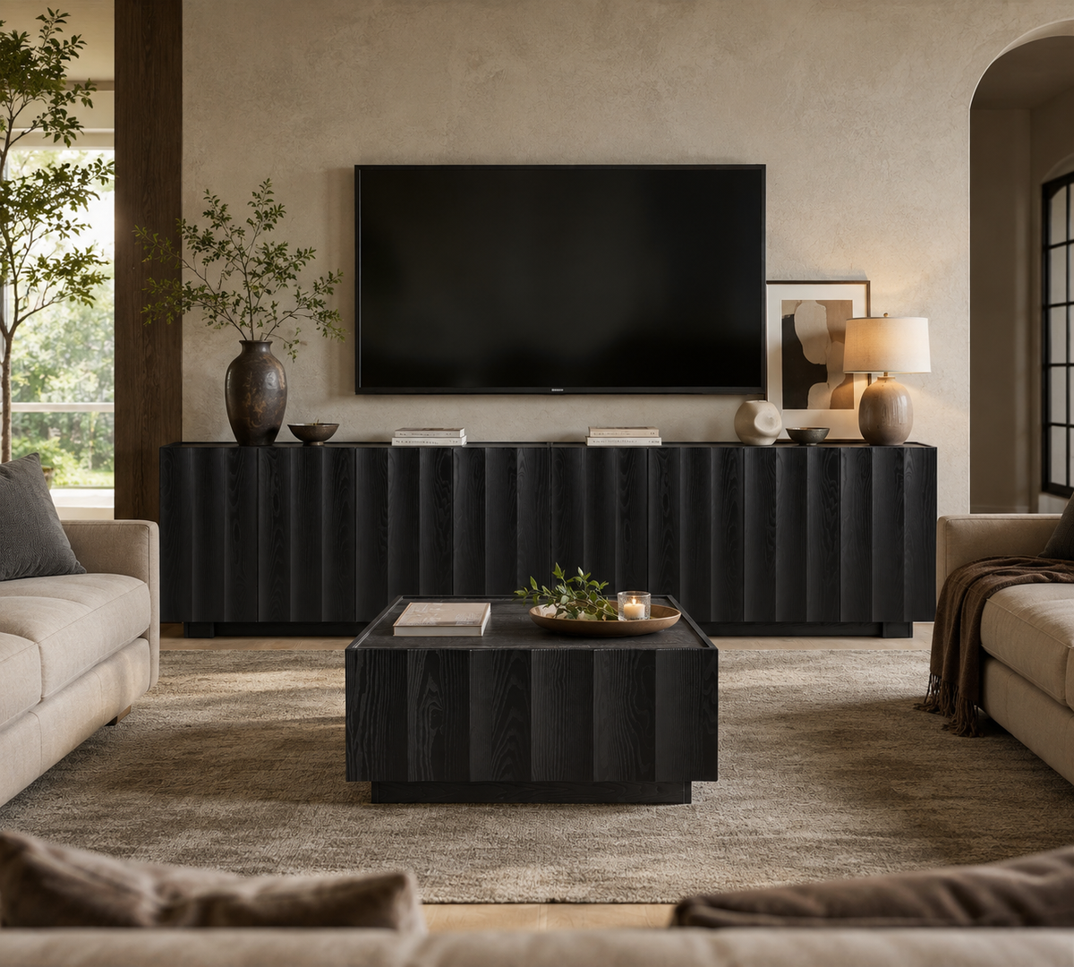 Wetalus 61.7"Mid Century Modern Sideboard Buffet Cabinet with Wave Design, Adjustable Shelves, Wood Grain Finish, Black
