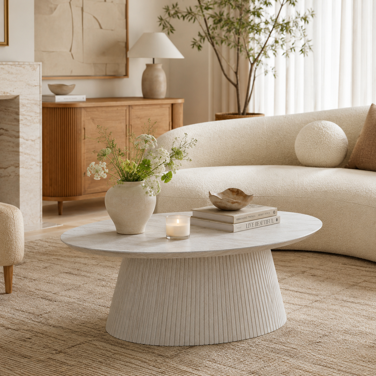 Wetalus 47.2" Mid Century Modern Oval Coffee Table with Faux Stone Veneer, Fluted Base,Stone
