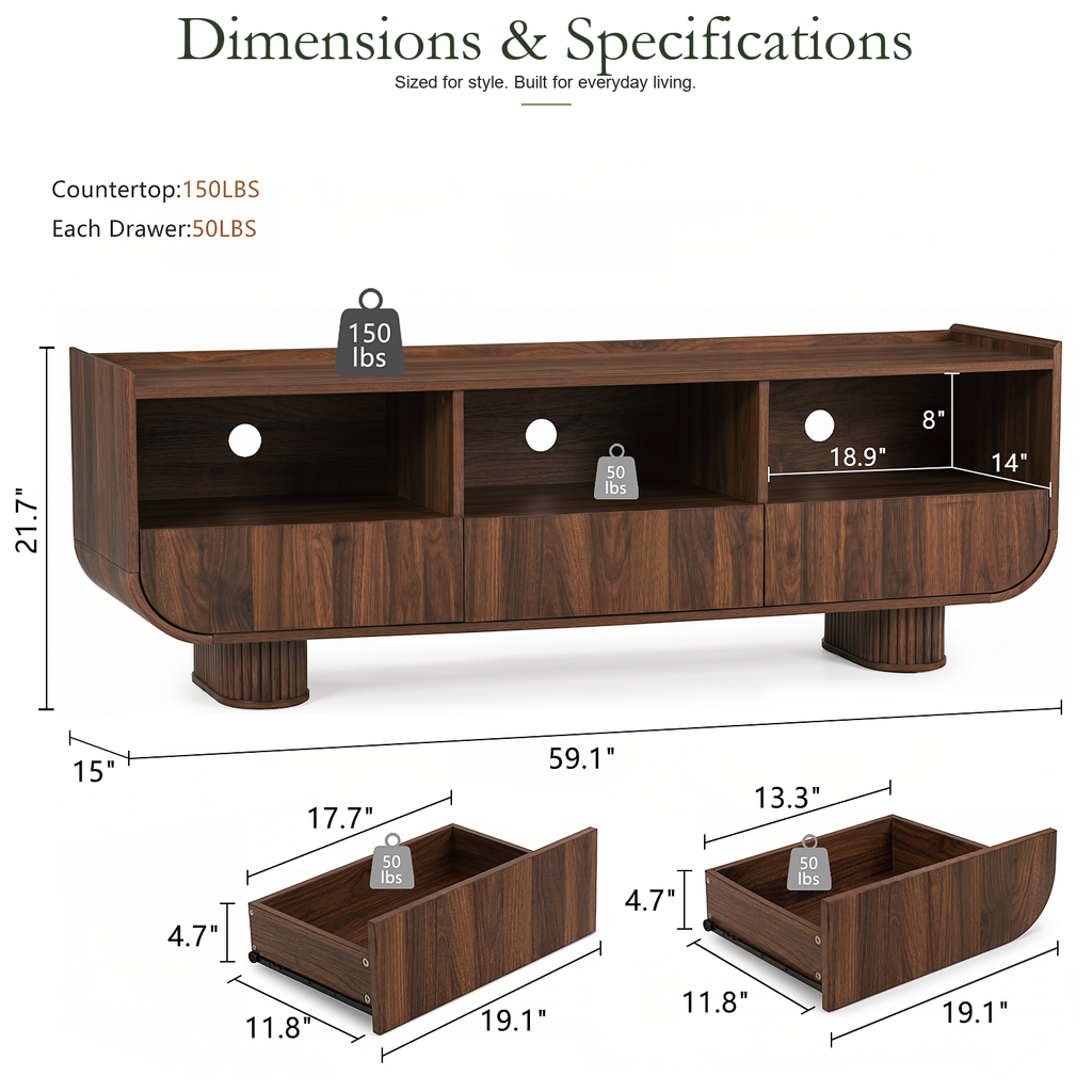 Wetalus 59" TV Stand for 65" TV, 3 Drawers, U-Shaped, Fluted Base, Walnut