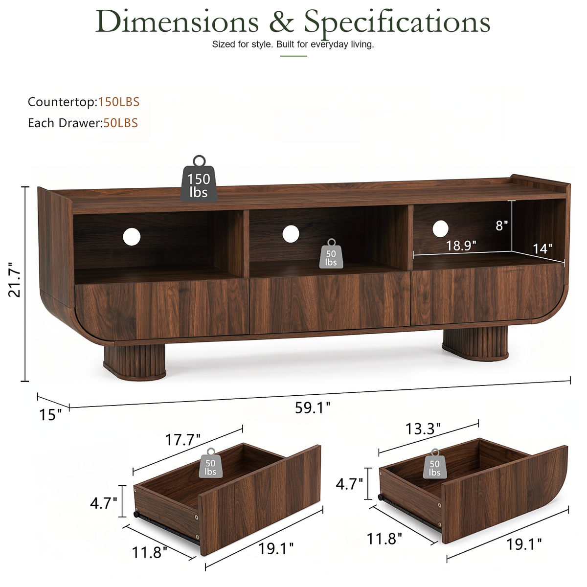 Wetalus 59" TV Stand for 65" TV, 3 Drawers, U-Shaped, Fluted Base, Walnut