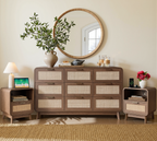 Walnut Rattan Bedroom Furniture Set, 3-Piece Boho Set with 9-Drawer Dresser and Charging Station Nightstands