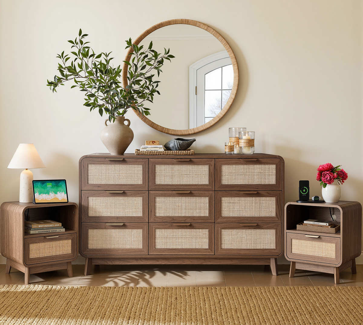 Walnut Rattan Bedroom Furniture Set, 3-Piece Boho Set with 9-Drawer Dresser and Charging Station Nightstands