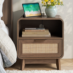 Walnut Rattan Nightstands, 2-Pack – Boho Bedside Tables with Drawer