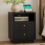 Wetalus Mid-Century Black Wood Arch Nightstand with Drawers