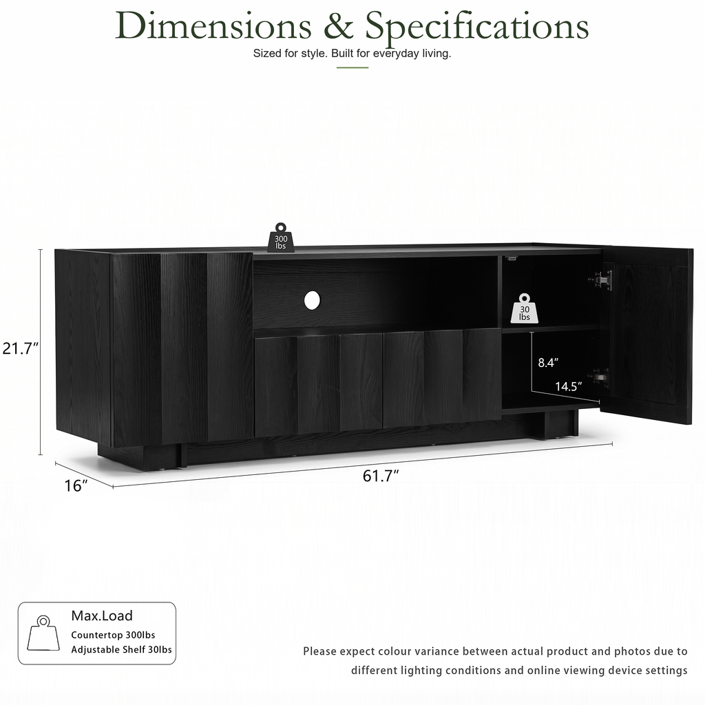 Wetalus 61" Mid Century Modern TV Stand, Adjustable Shelves, Wave Design, Black