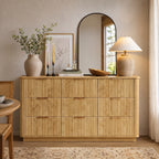 Wetalus 55.1" Mid Century Modern 9 Drawer Dresser, Recessed Design,Oak