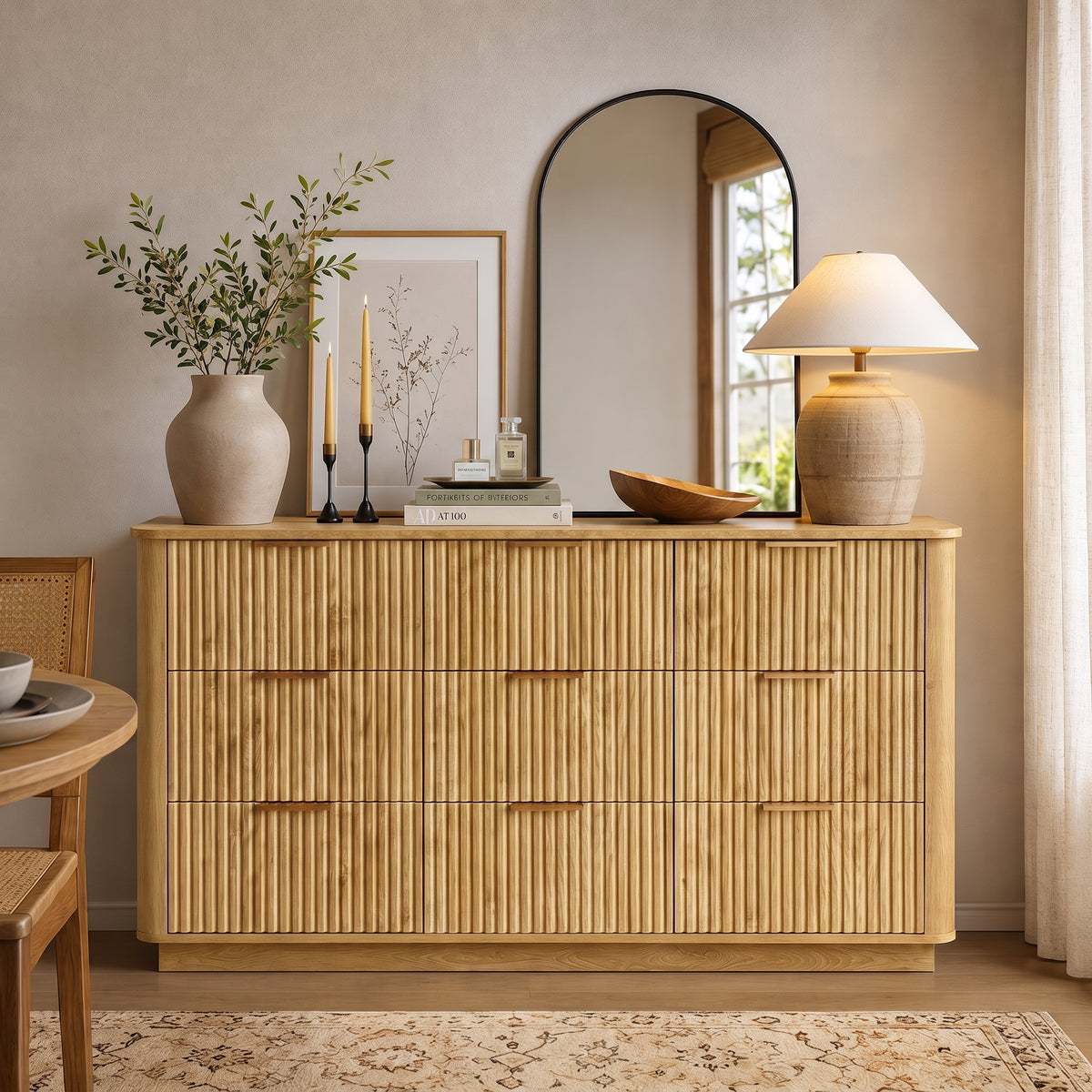 Wetalus 55.1" Mid Century Modern 9 Drawer Dresser, Recessed Design,Oak