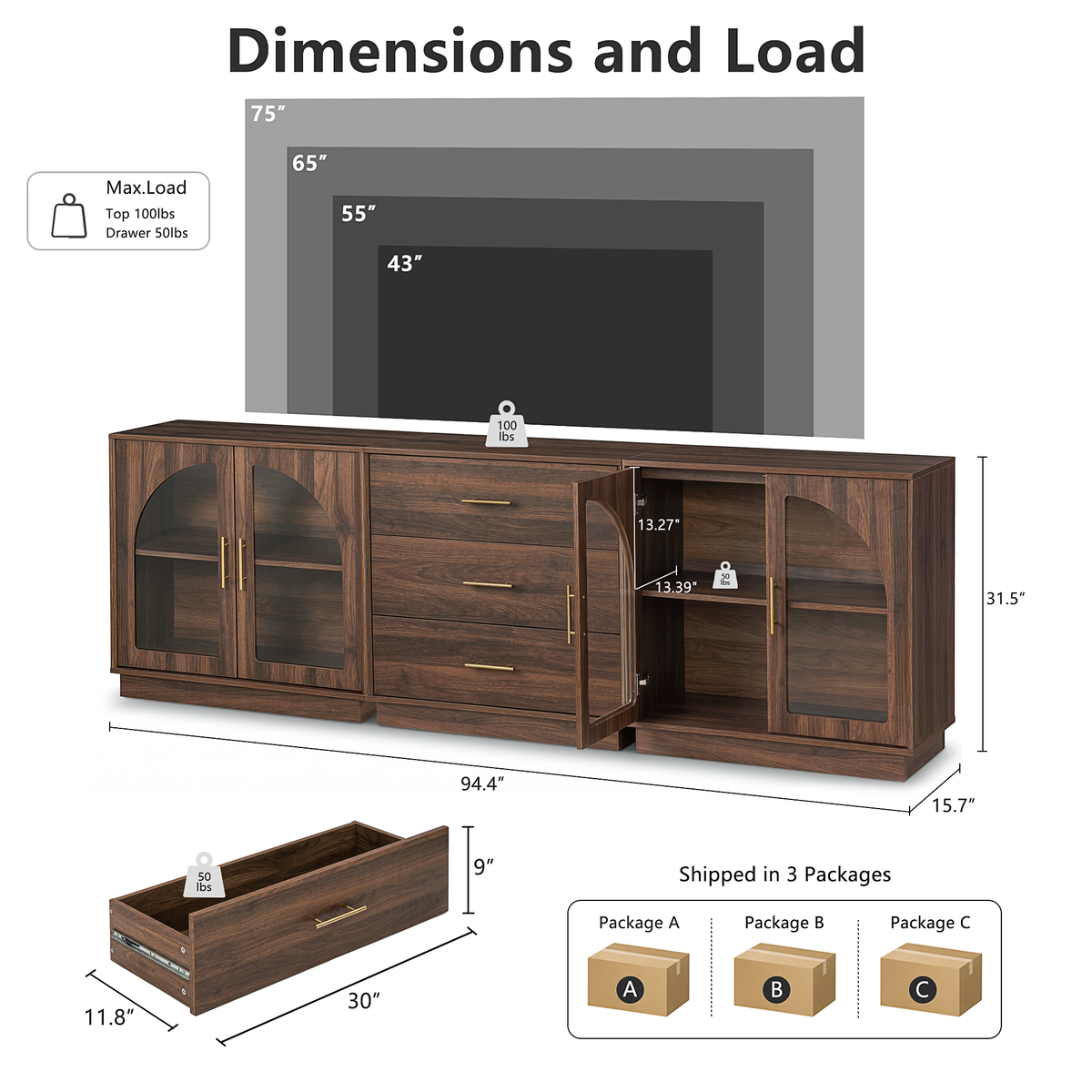 Wetalus 31.5" Sideboard Buffet Cabinet with Arched Glass Doors Set of 3,Walnut