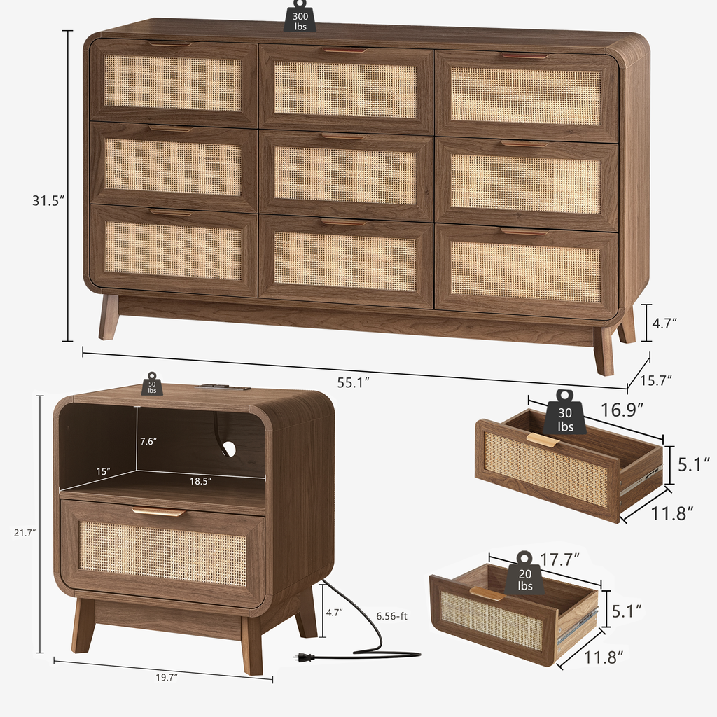Walnut Rattan Bedroom Furniture Set, 3-Piece Boho Set with 9-Drawer Dresser and Charging Station Nightstands