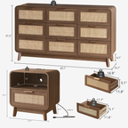 Walnut Rattan Bedroom Furniture Set, 3-Piece Boho Set with 9-Drawer Dresser and Charging Station Nightstands