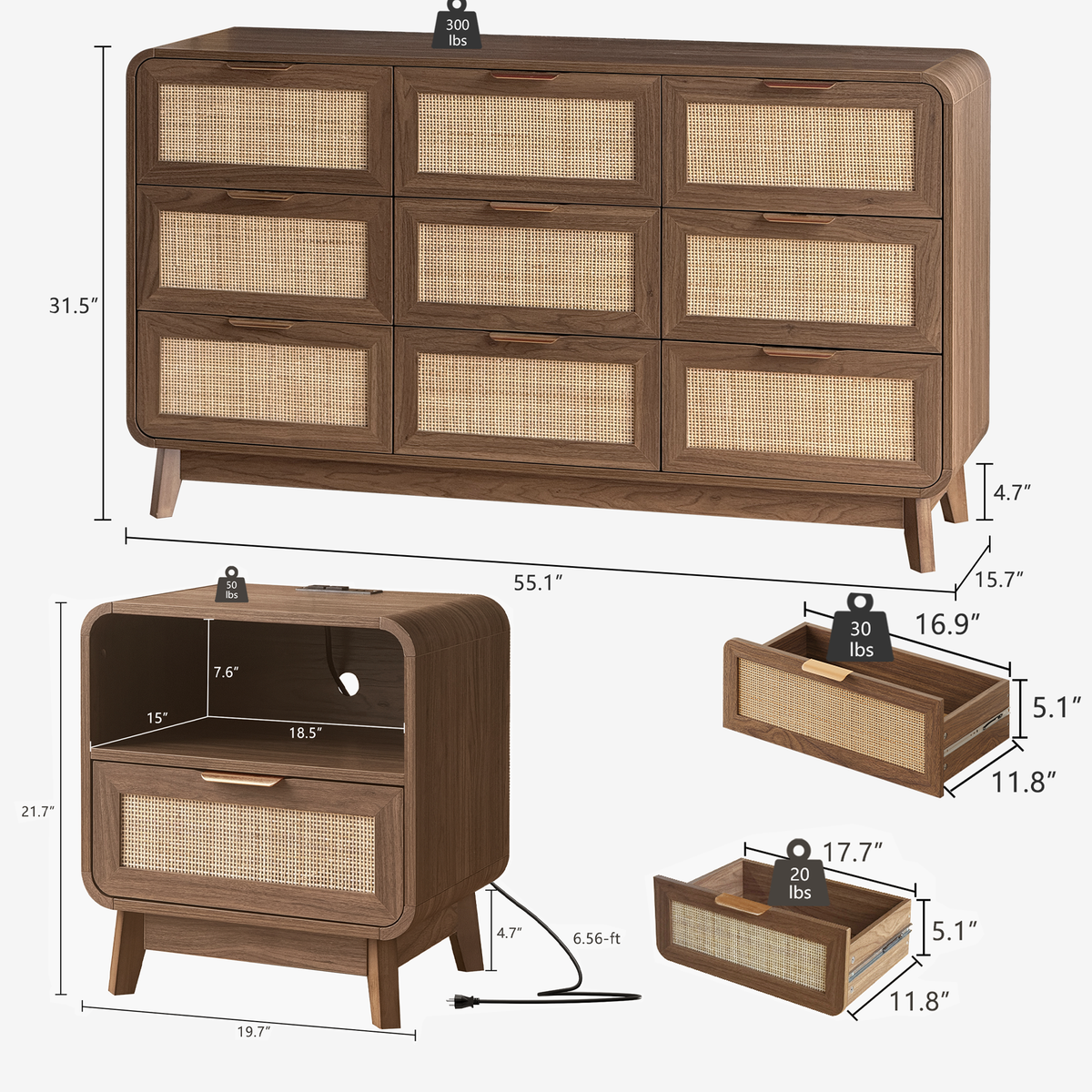 Walnut Rattan Bedroom Furniture Set, 3-Piece Boho Set with 9-Drawer Dresser and Charging Station Nightstands