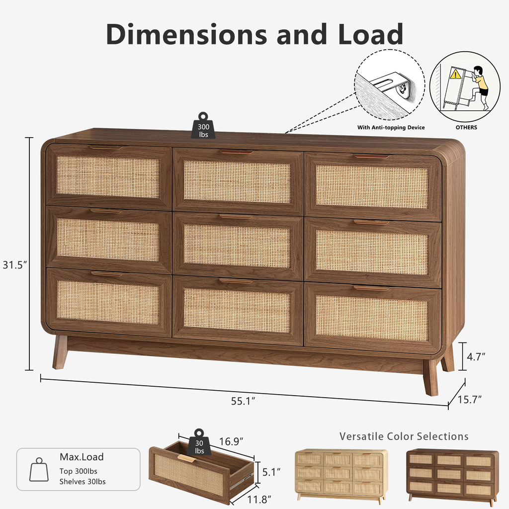 Walnut Rattan 9 Drawer dresser – Boho chic dresser