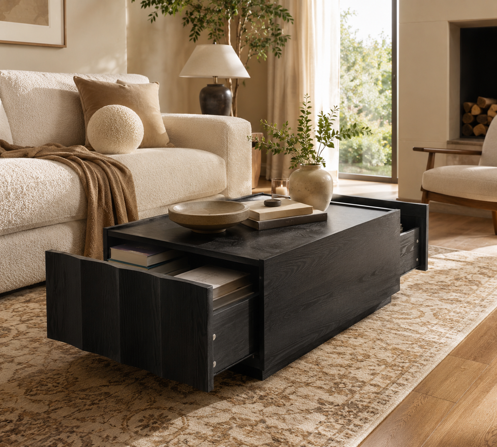 Wetalus Mid Century Modern Square Coffee Table with Storage, Wave Design,Black