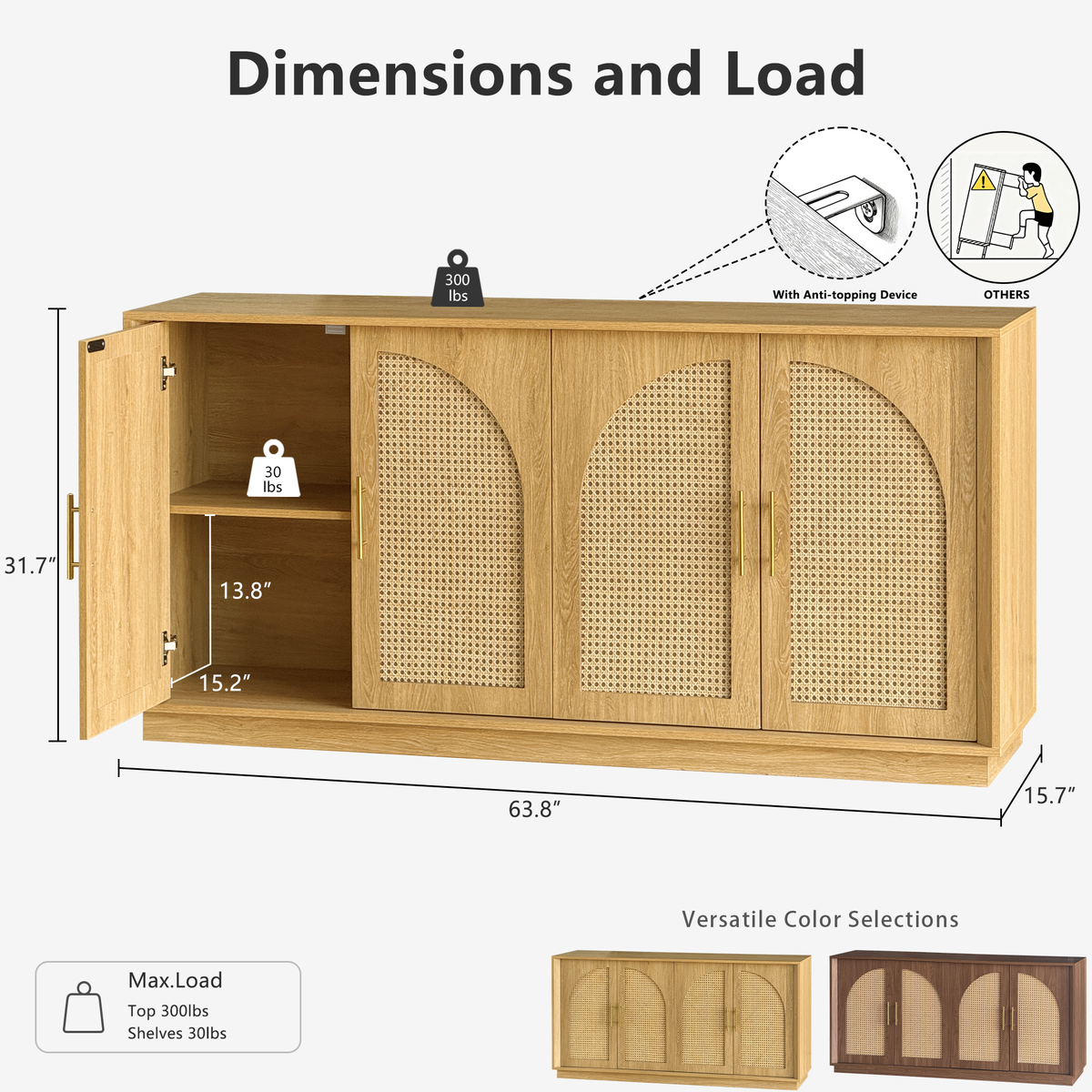 63" 4 Rattan Sideboard - Oak Natural for Dining Room & Living Room