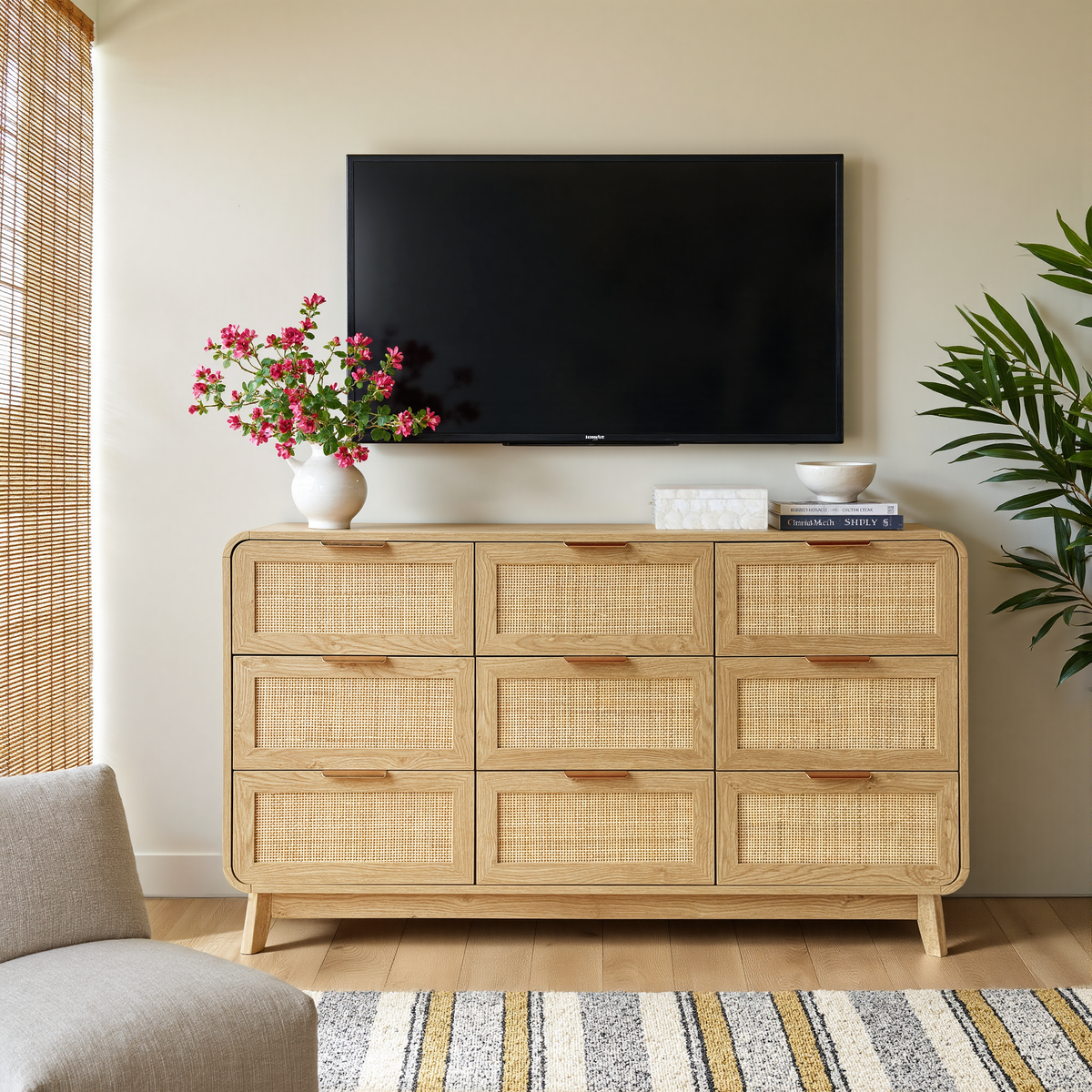 Oak Rattan Bedroom Furniture Set, 3-Piece Boho Set with 9-Drawer Dresser & Nightstands