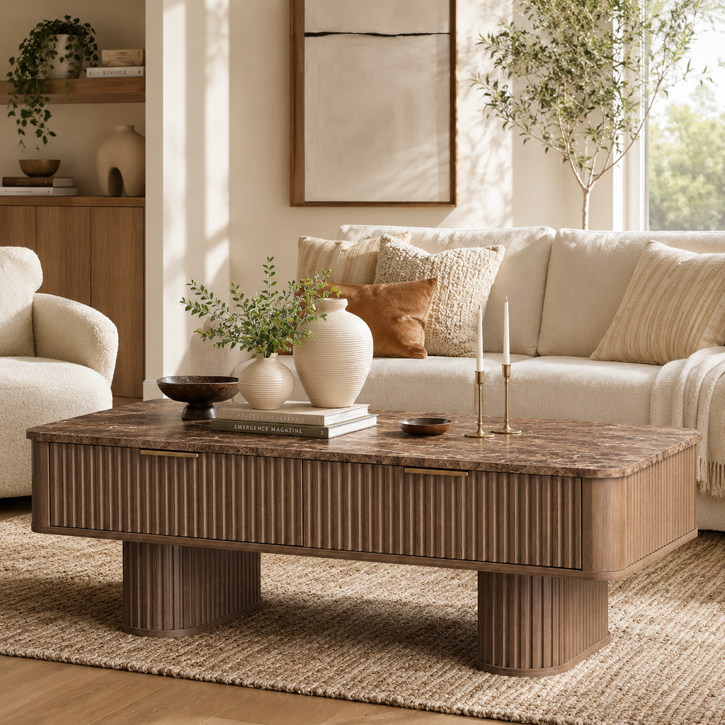 Wetalus Rectangle Coffee Table with Drawers, Faux Marble Top, Fluted Pedestal Base, Storage,Walnut