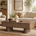 Wetalus Rectangle Coffee Table with Drawers, Faux Marble Top, Fluted Pedestal Base, Storage,Walnut