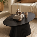 Wetalus 47.2" Mid Century Modern Oval Coffee Table with Faux Stone Veneer, Fluted Base,Black