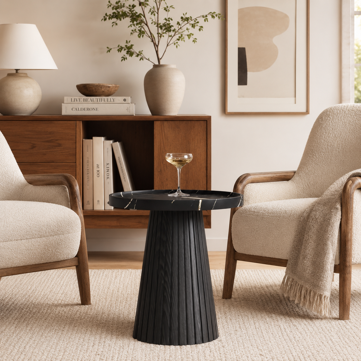 Wetalus Mid Century Modern Nesting Coffee Table Set of 2, Fluted Round,Black