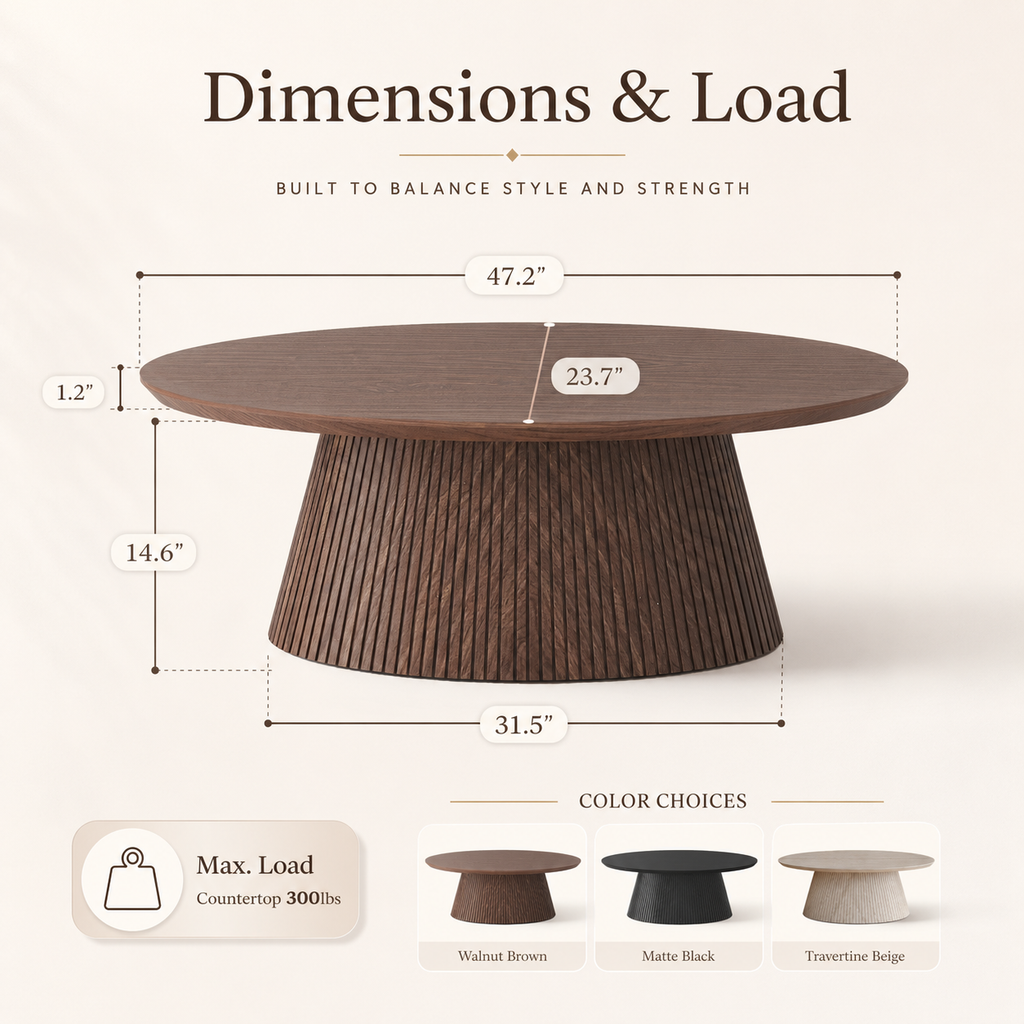 Wetalus 47.2" Mid Century Modern Oval Coffee Table with Faux Stone Veneer, Fluted Base,Walnut