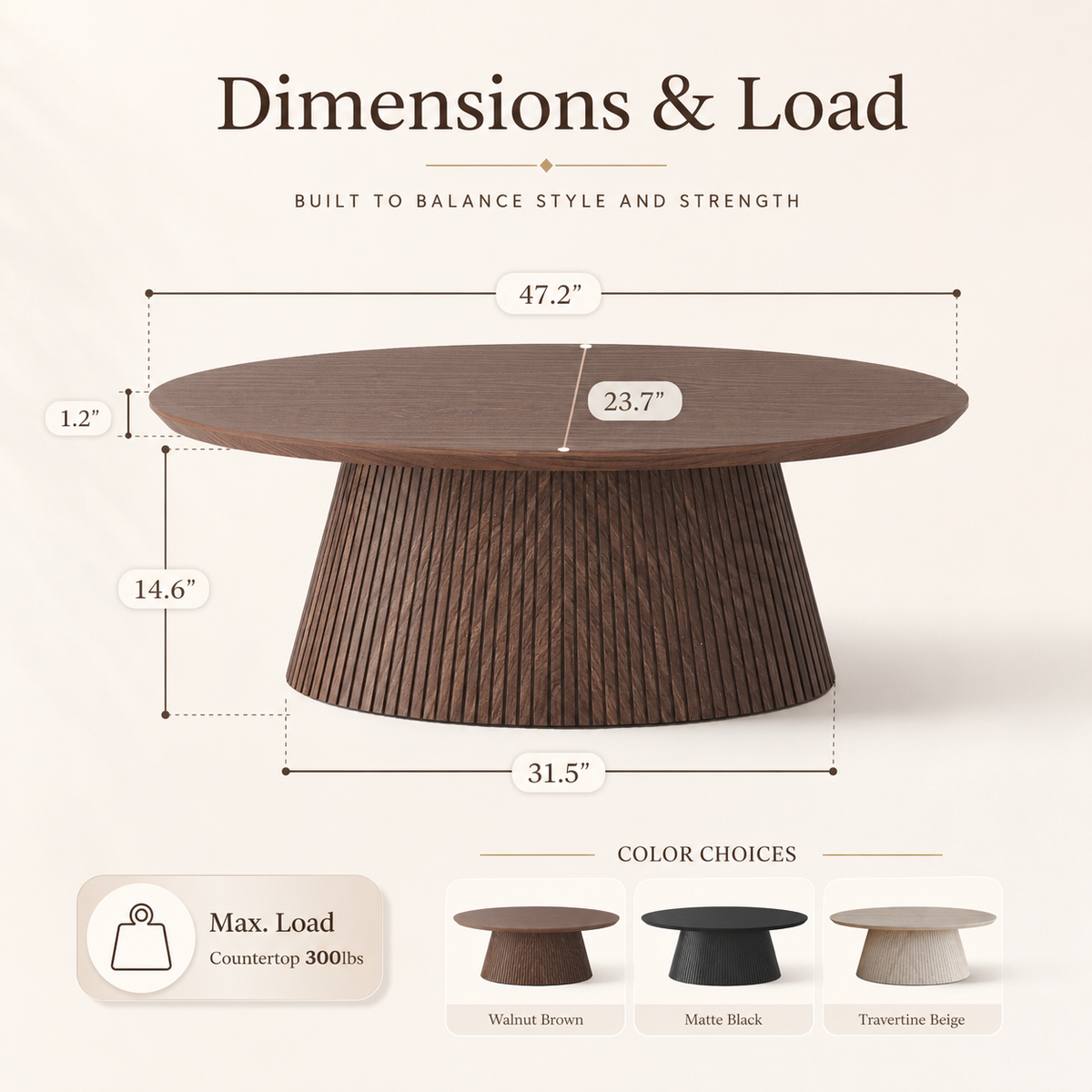 Wetalus 47.2" Mid Century Modern Oval Coffee Table with Faux Stone Veneer, Fluted Base,Walnut