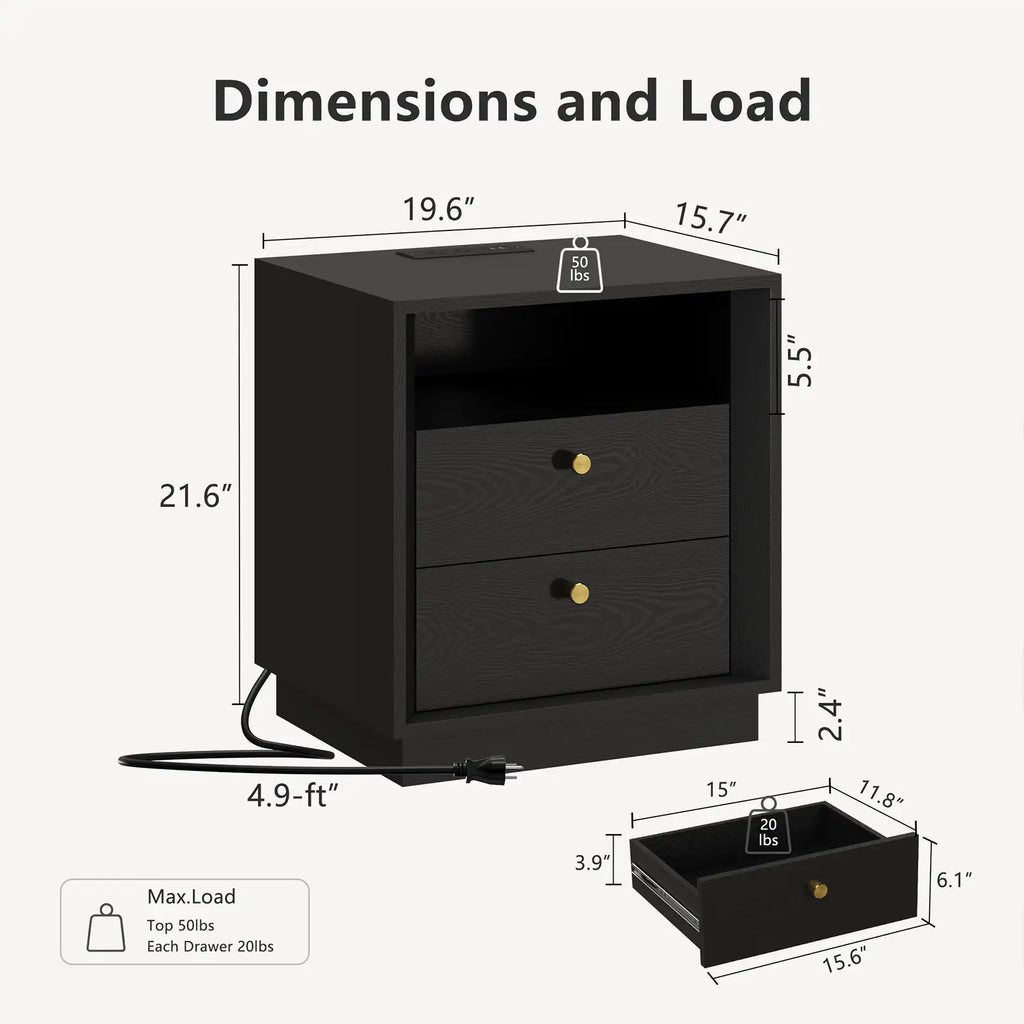 Mid-Century Modern Black Wood Nightstand with Beveled