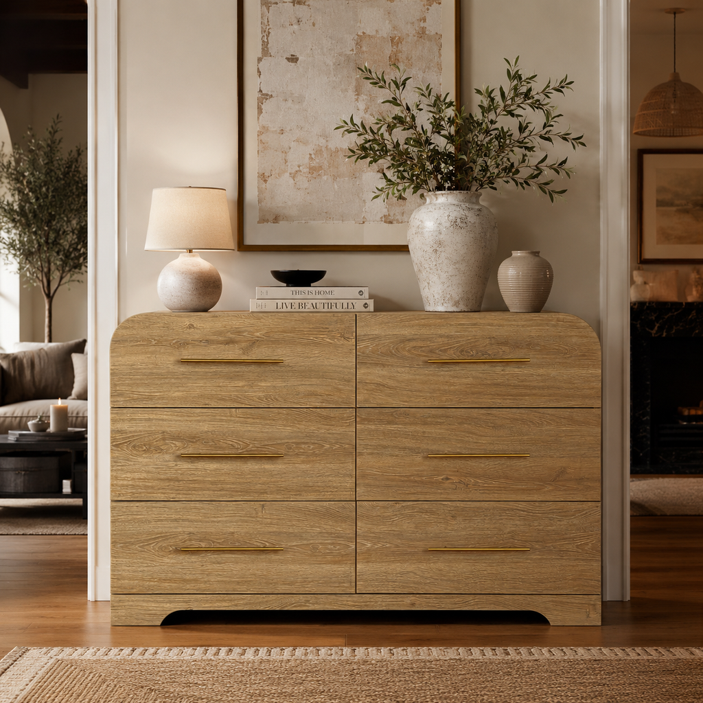 Wetalus 47.2" Mid Century Modern 6 Drawer Dresser, Curved side,Oak