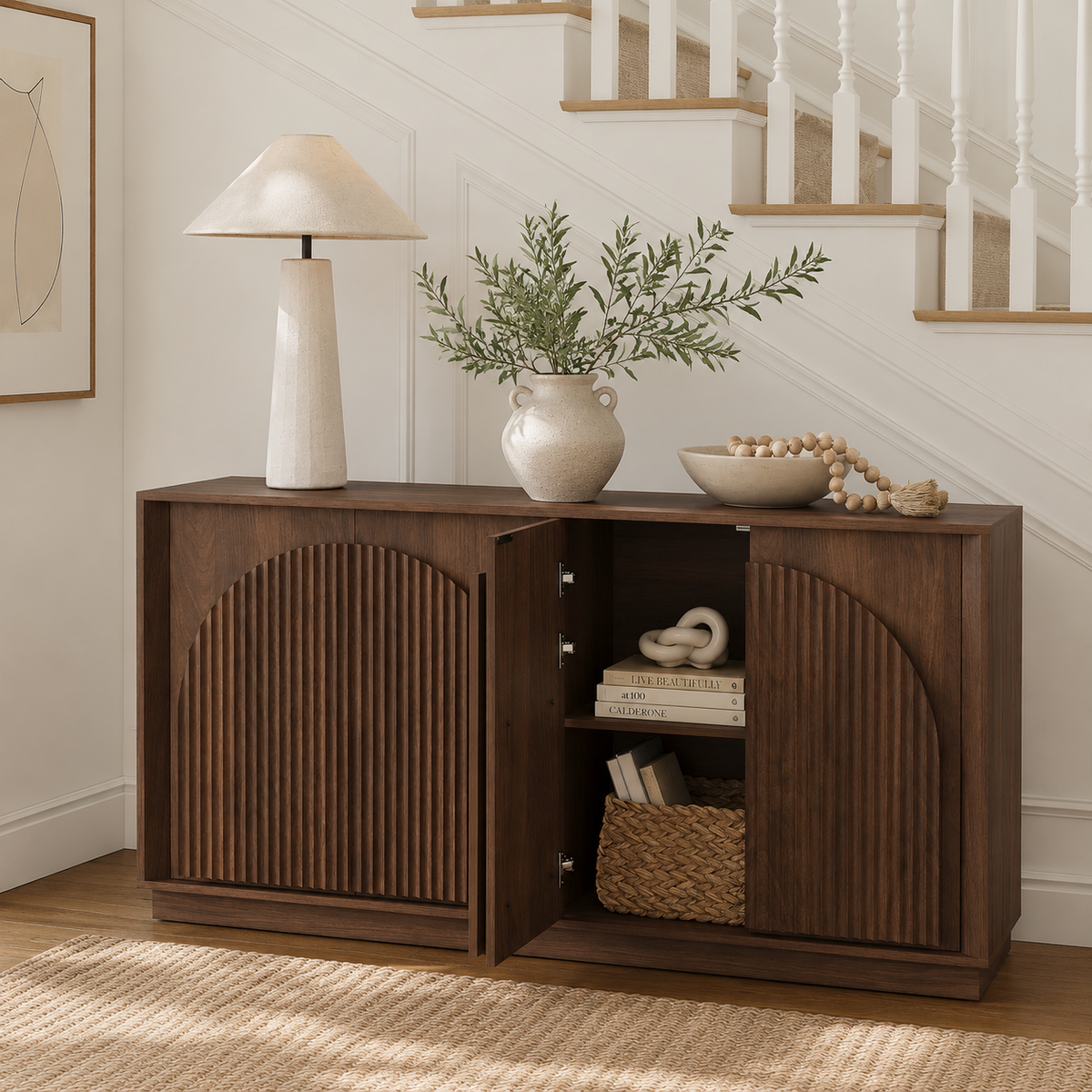Wetalus 65.3" Mid-Century Modern Fluted Sideboard Buffet Cabinet with Storage,Walnut