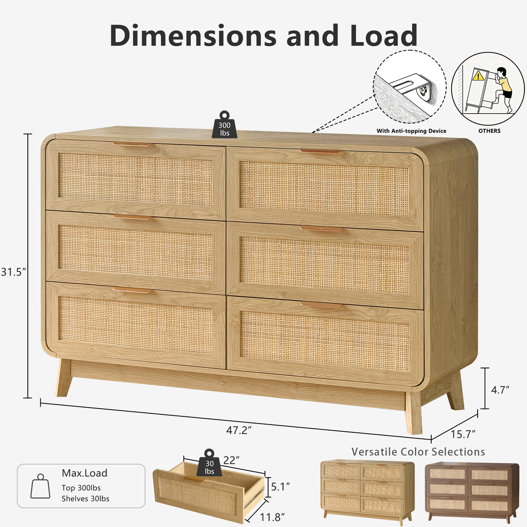 Oak Rattan 6 Drawer dresser –Boho chic dresser