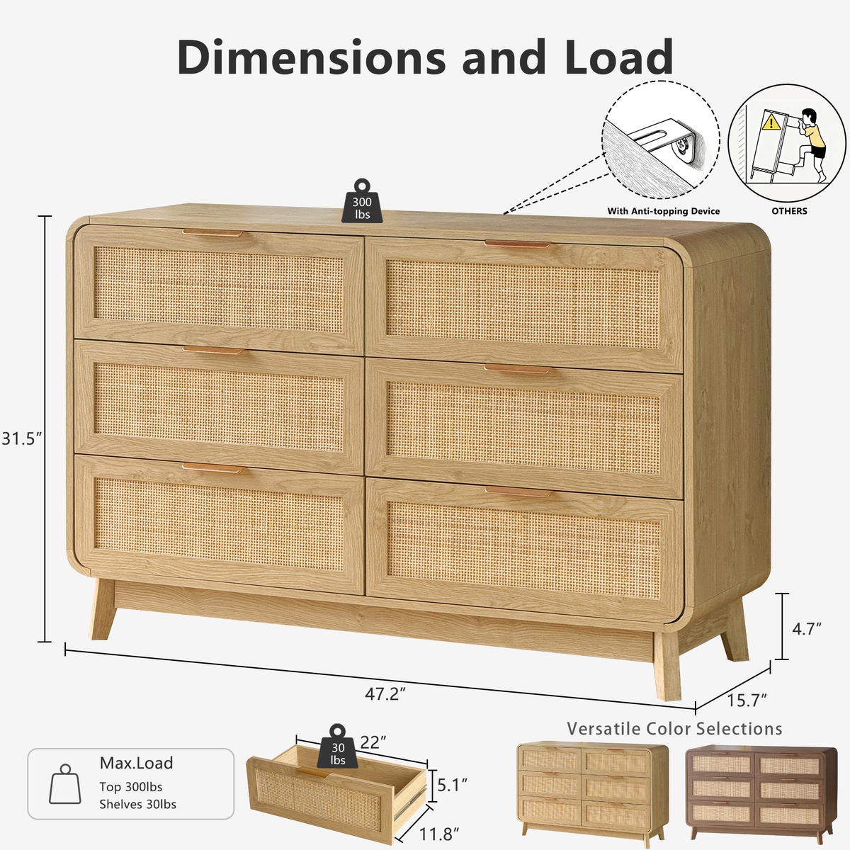 Oak Rattan 6 Drawer dresser –Boho chic dresser
