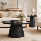 Wetalus Mid Century Modern Nesting Coffee Table Set of 2, Fluted Round,Black
