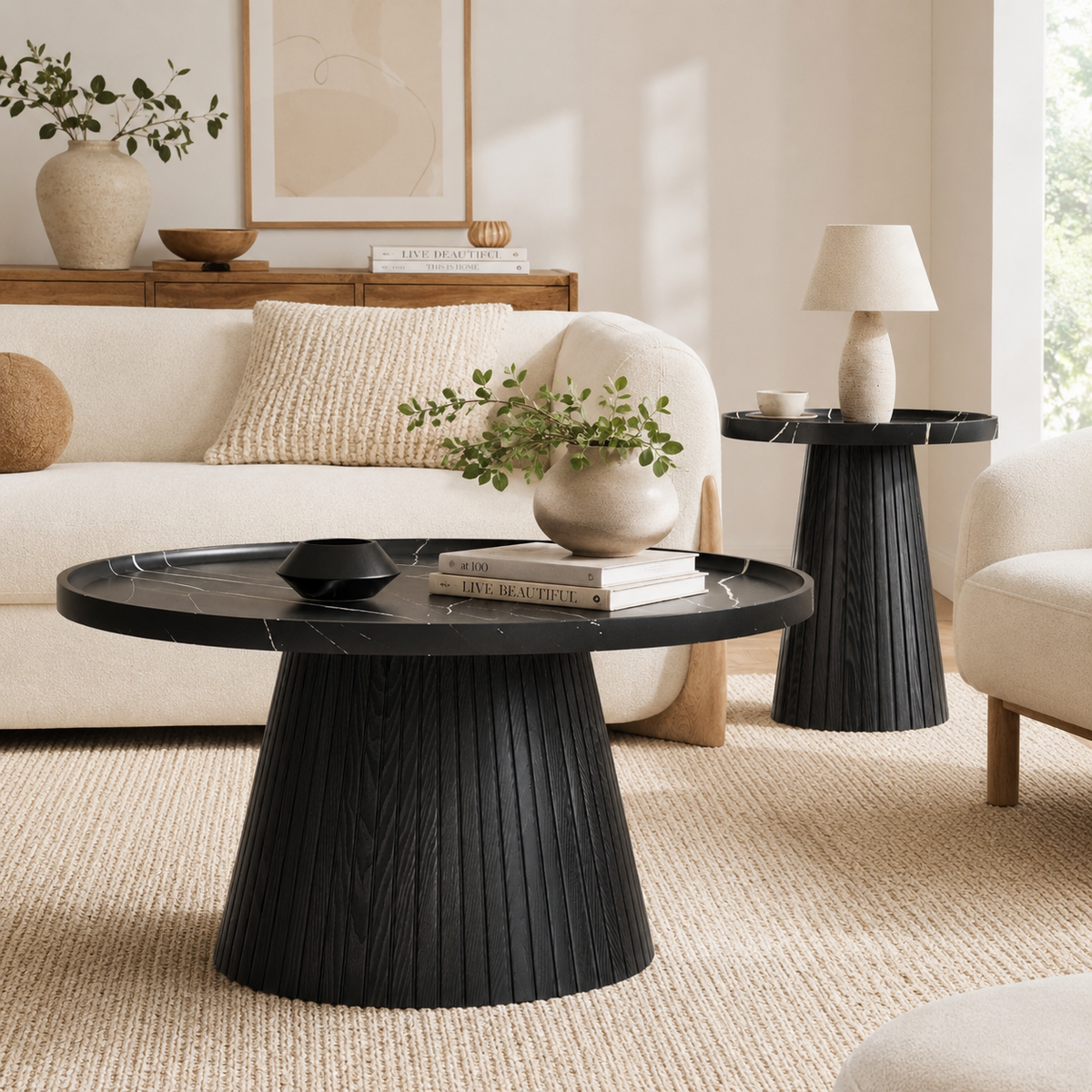 Wetalus Mid Century Modern Nesting Coffee Table Set of 2, Fluted Round,Black