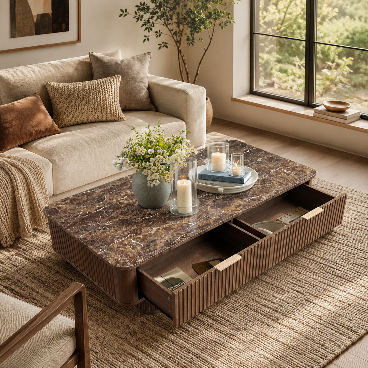 Wetalus Rectangle Coffee Table with Drawers, Faux Marble Top, Fluted Pedestal Base, Storage,Walnut