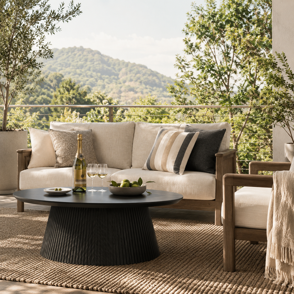 Wetalus 47.2" Mid Century Modern Oval Coffee Table with Faux Stone Veneer, Fluted Base,Black