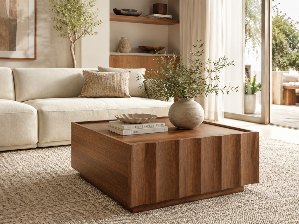 Wetalus Mid Century Modern Square Coffee Table with Storage, Wave Design,Walnut