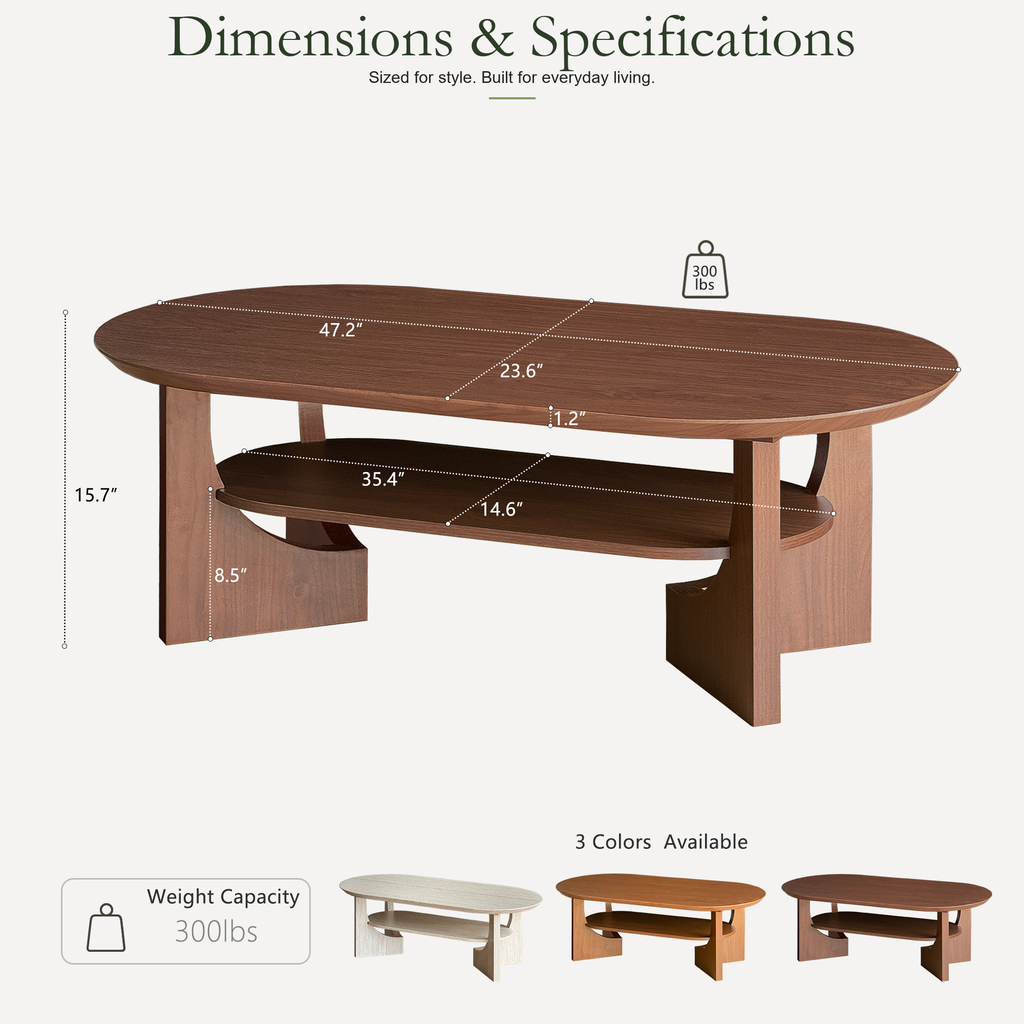 Wetalus 47" Mid Century Coffee Table Oval 2-Tier,Walnut