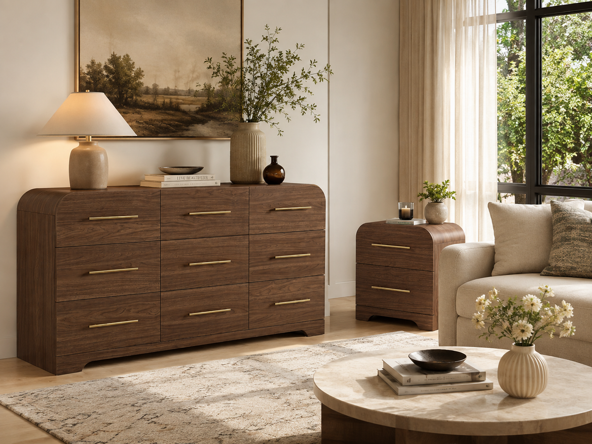 Wetalus 63" Mid Century Modern 9 Drawer Dresser, Curved side,Walnut
