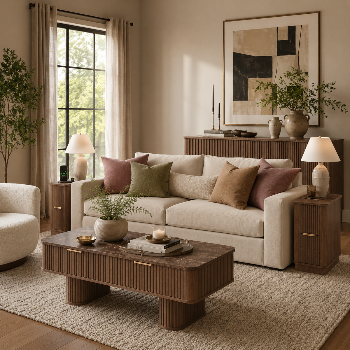 Wetalus Rectangle Coffee Table with Drawers, Faux Marble Top, Fluted Pedestal Base, Storage,Walnut